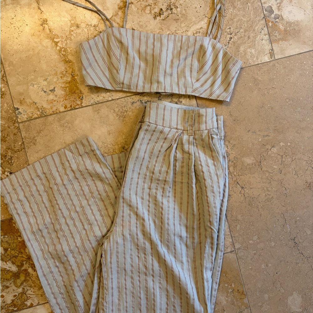 Topshop Cream and Tan Striped Wide Leg Set